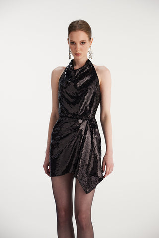 Halter Yaka Siyah Payet Elbise