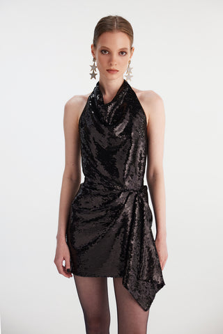Halter Yaka Siyah Payet Elbise