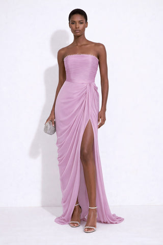 Dantel Detaylı Drapeli Pembe Şifon Elbise