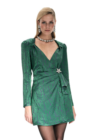 Jakarlı Yıldız Broş Detaylı Elbise - Yeşil